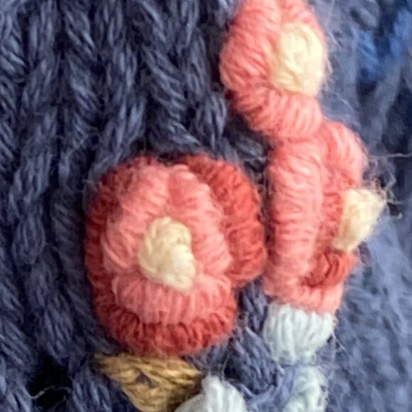 Vintage Laura Ashley Sz L Blue Sweater Cotton Cable Knit & Embroidery Oversized - Picture 9 of 15